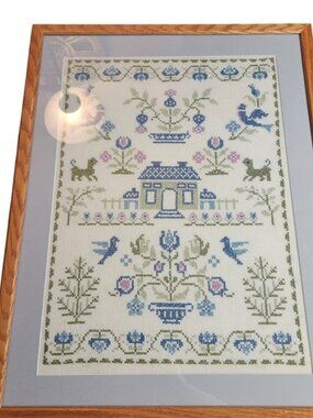 Vintage Framed Cross Stitch Sampler Folk Art House Birds Floral Oak Frame 21x27